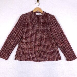 Alfred Dunner Womens Tweed Jacket 8P Burgundy Button Front Classic Tweed Office